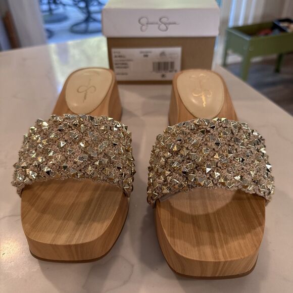 Jessica Simpson Rell Wood Platform Sandals Shoes Natural Gold Spikes Women’s 8M - Picture 1 of 12